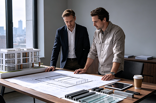 Architect reviewing entry door specifications