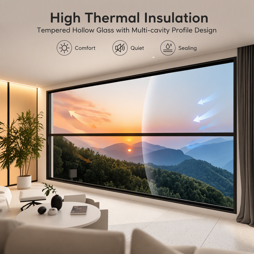 Thermal Break Casement Window with Screen Tempered Hollow Glass Aluminum Frame Flush Inner Outer Frame
