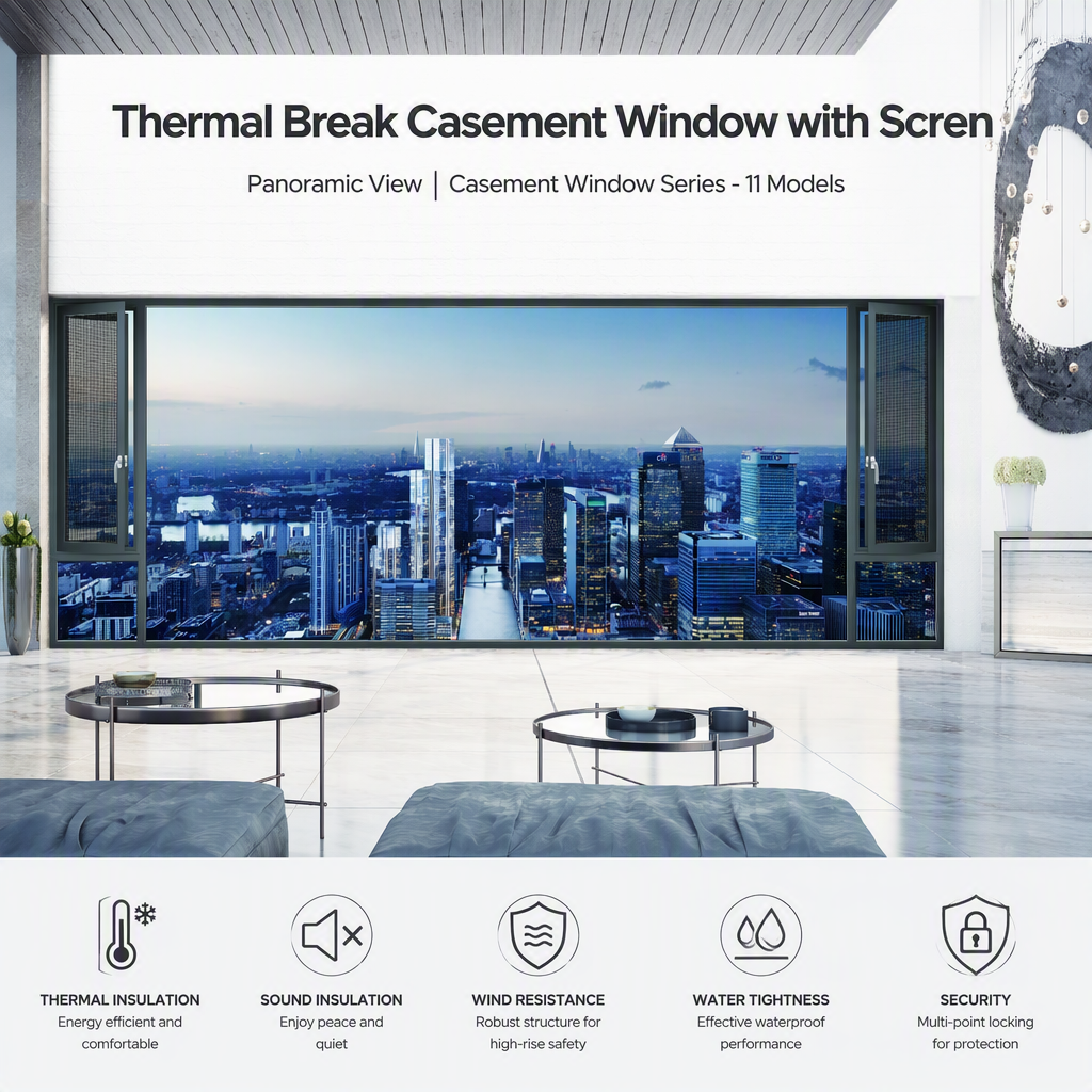 Thermal Break Casement Window with Screen Tempered Hollow Glass Aluminum Frame Flush Inner Outer Frame