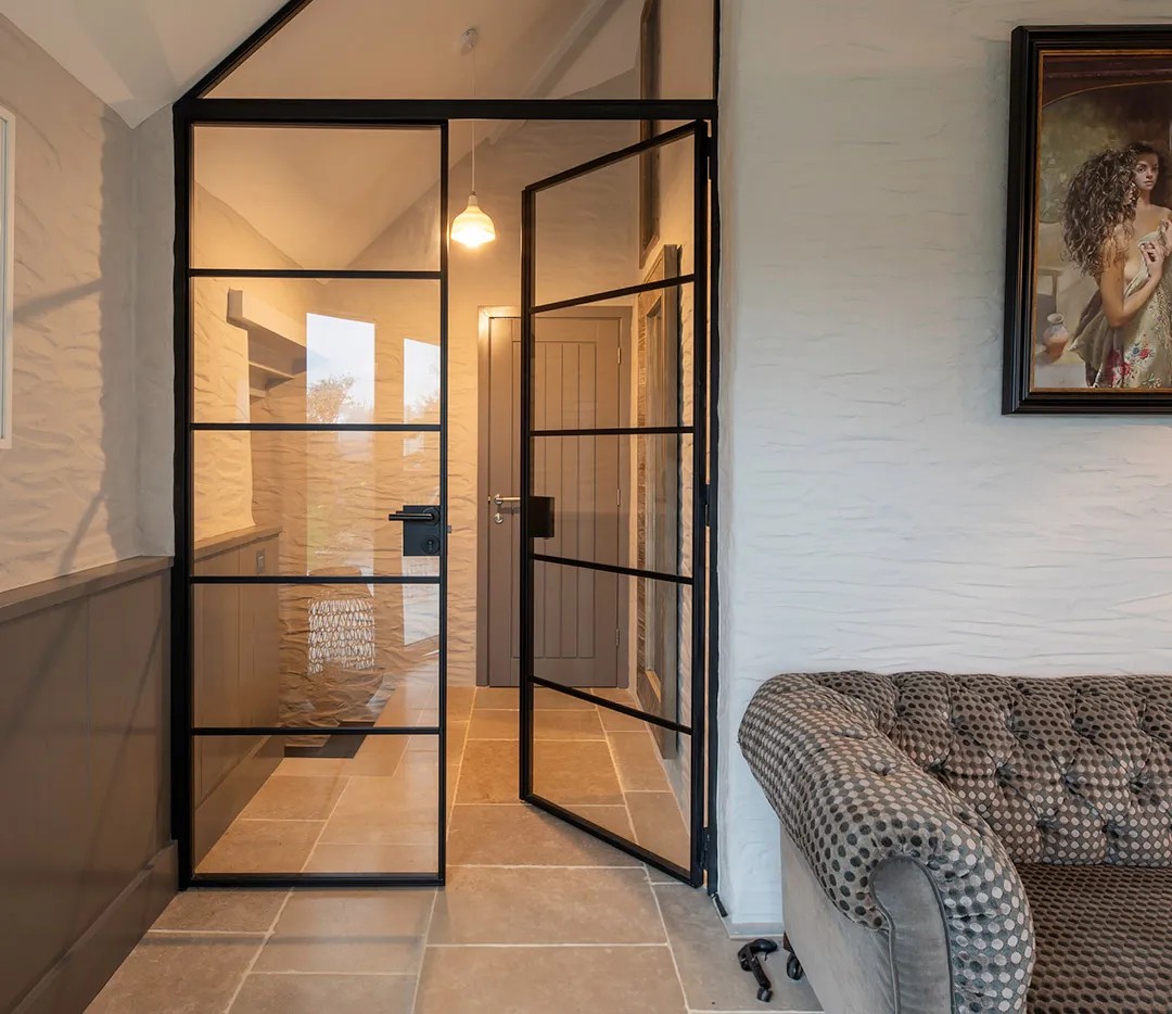 Interior Modern Matte Black Steel Frame Finished Double Glazed French Glass Doors With Thermal Insulation