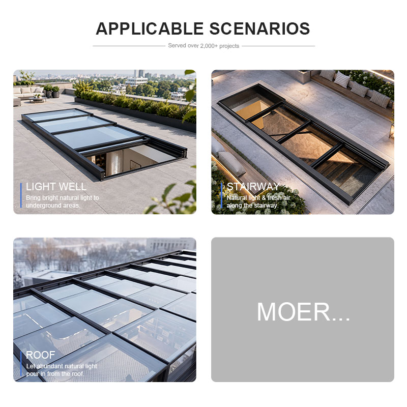 Aluminum Profile Motorized Open Glass Patio Skylight Custom Electric Automatic Retractable Openable Sky Roof Windows