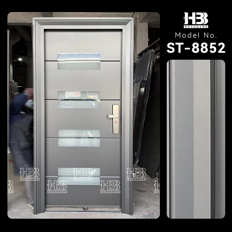 Modern Grey Design Prehung Aluminum Front Doors Waterproof Glass Inserted Metal For Villa Exterior Applications