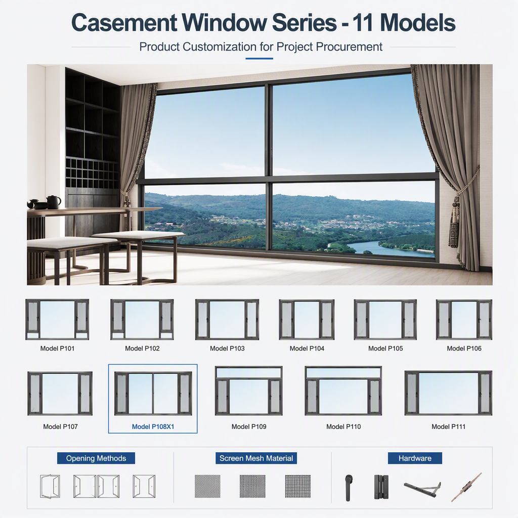 Thermal Break Casement Window with Screen Tempered Hollow Glass Aluminum Frame Flush Inner Outer Frame