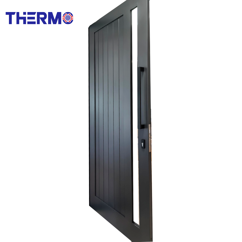 Therm Modern Exterior Vertical Glass Insert And Wood Grain Finish Aluminum Entrance Door