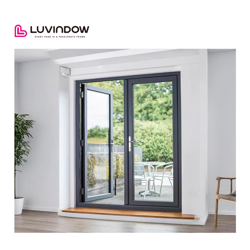 Modern Design Aluminum French Doors Panel Simple Swing Open Exterior Door with Push Pull Security in Black Metal Color