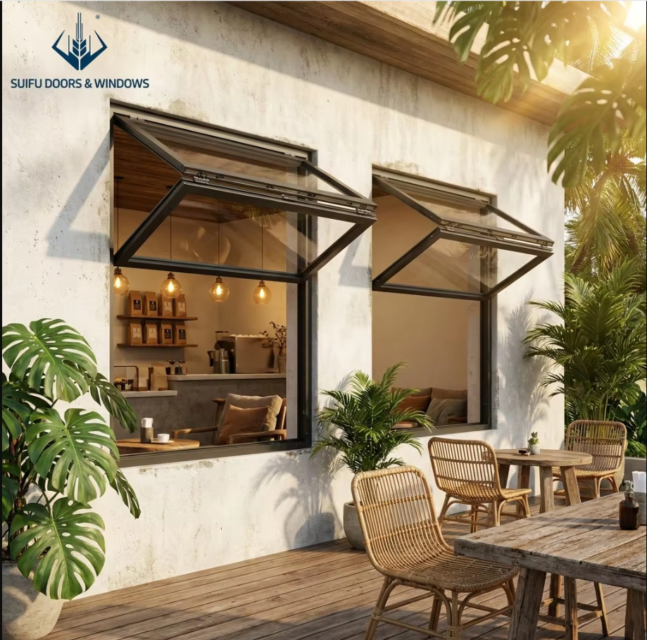 Gas Strut Kitchen Servery Awning Window Foldable Pass Through Aluminum Window For Cafe &amp; Commercial Use