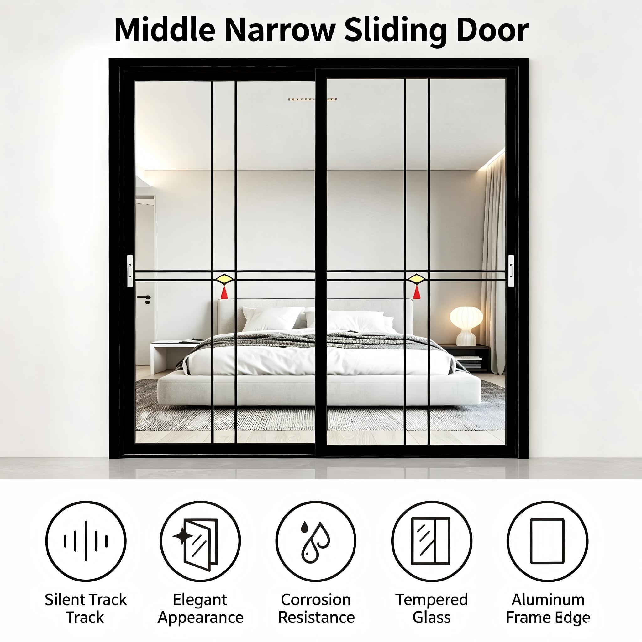 Aluminum Ultra Slim Graphite Grey Frame Traditional Design Interior Sliding Door Muntin Bar Clear Glass Soft Close Home Office