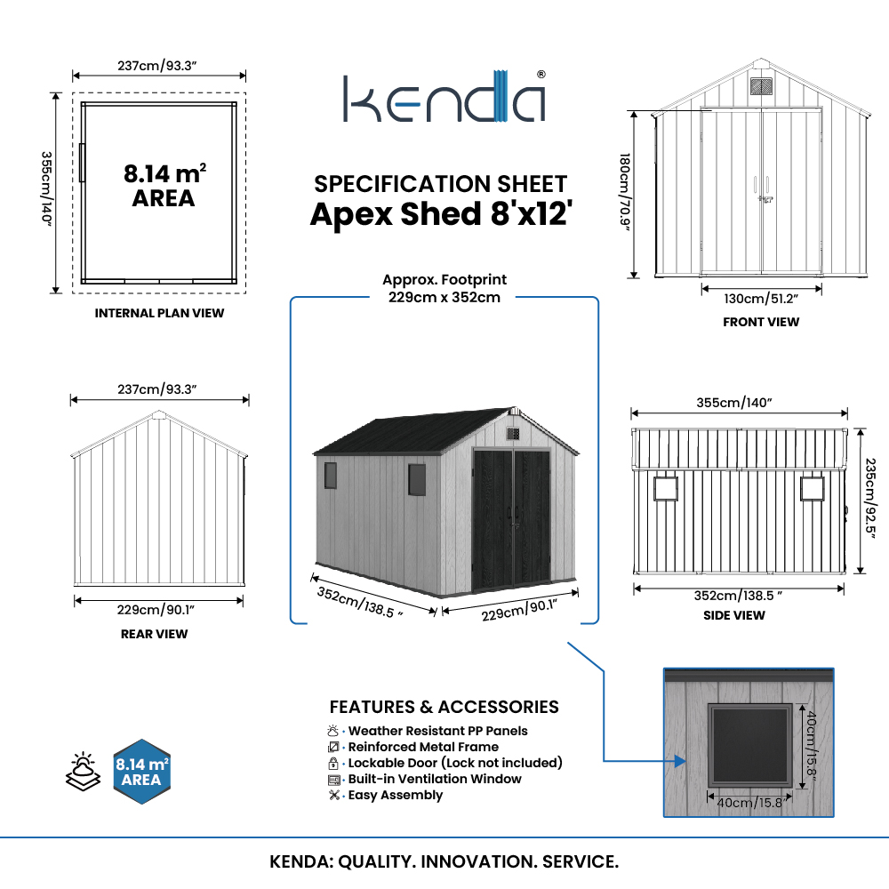 Kenda APEX 8x12 Storage Shed Backyard Storage Sheds UV Resistant Lockable Door for Backyard Patio Garden House Outdoor Equipment