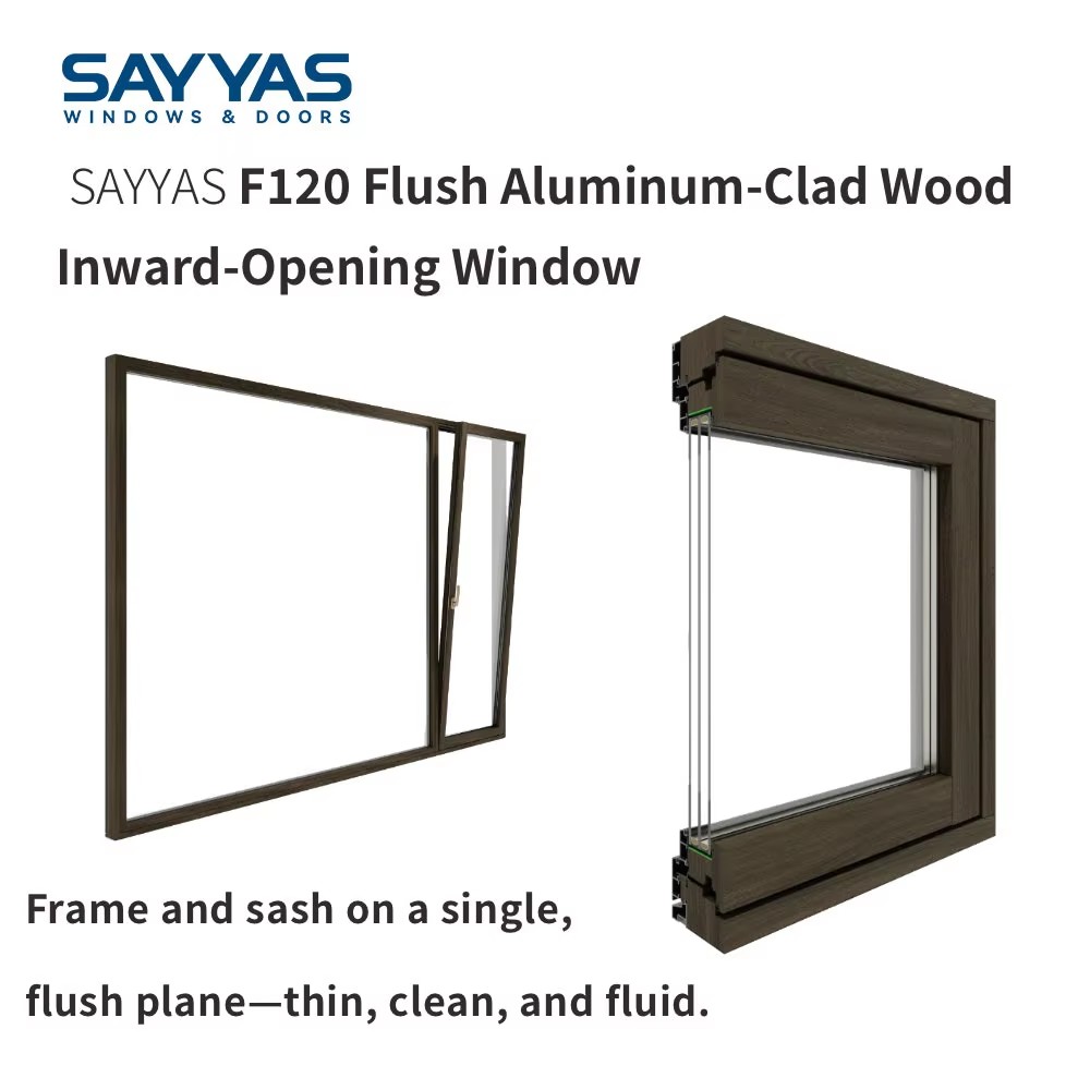 Sayyas Windows F120 Modern Flush Design Energy Efficient Double Glazed Windows Aluminum Clad Wood Window Manufacturer China