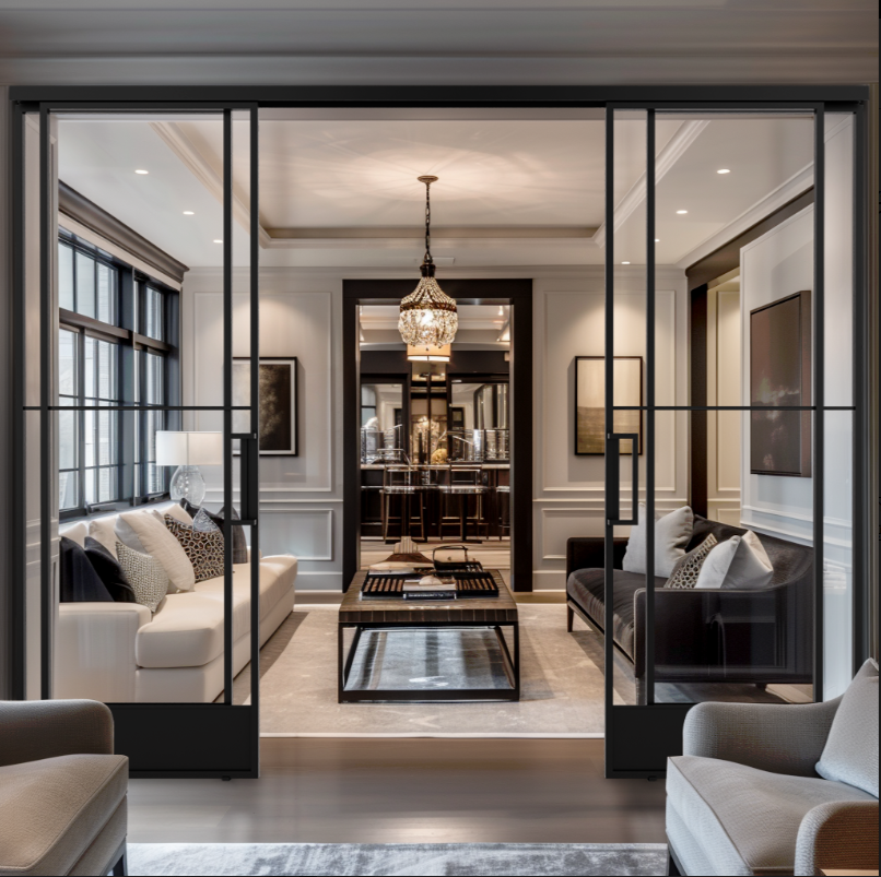 Rustic Design Gray Tempered Glass Aluminum Framed French Front Steel Swing Door Crittal Glass Door for Interior