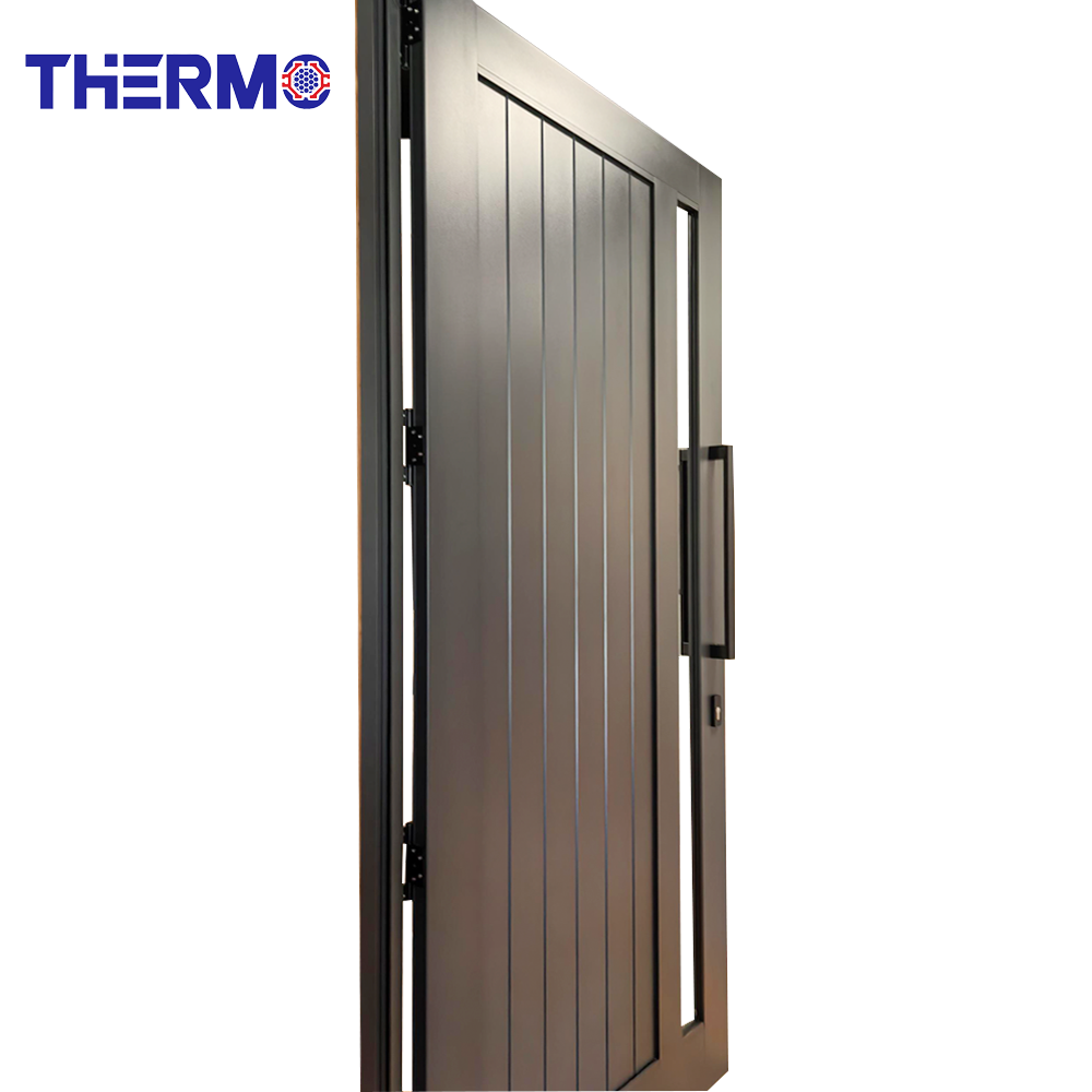 Therm Modern Exterior Vertical Glass Insert And Wood Grain Finish Aluminum Entrance Door