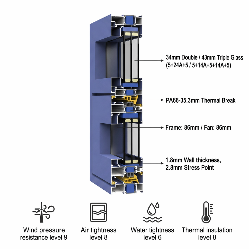Heavy Duty 86 Series Aluminum Casement Window, Large Section 798 Type Window Frame for Villa & House