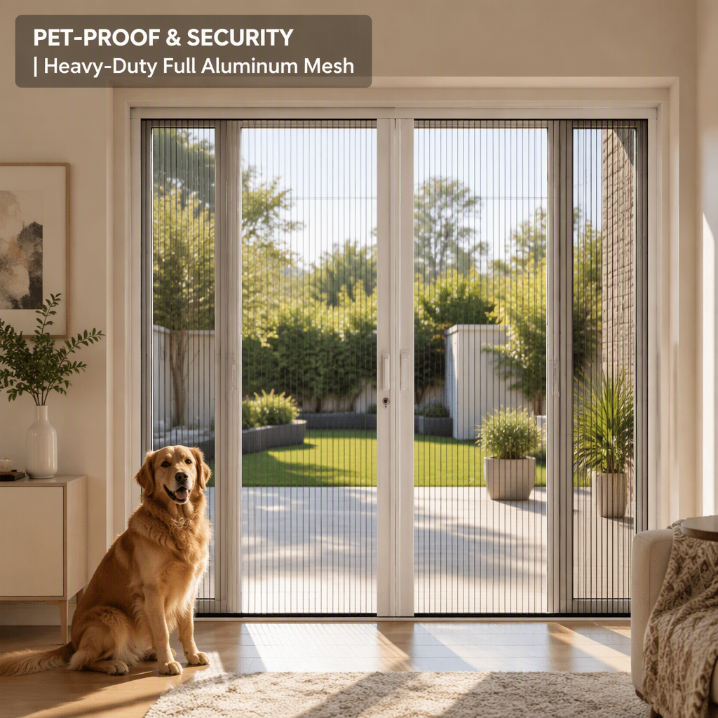 Heavy Duty Full Aluminum Mesh Retractable Screen Door Pet Proof Pleated Insect Screen Sliding Door for French Doors ZS168