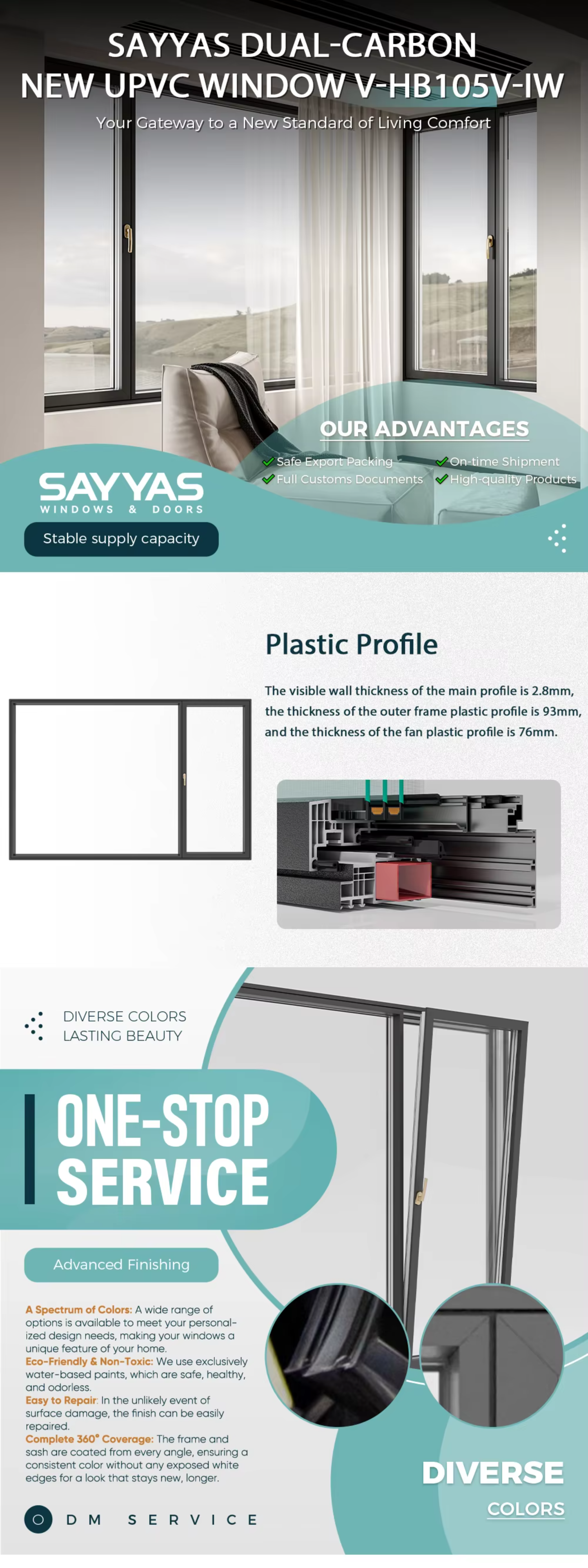 SAYYAS Windows Luxury Aluminum-clad Heat Insulation Triple Glazed Soundproof Casement UPVC Windows Manufacturer China
