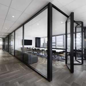 Frosted Glass Office Partitions Meeting Room Aluminium Frame Glass Partition Wall with Sliding Door