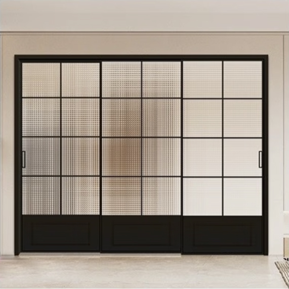 Modern French Design Glass Sliding Pocket Door With Aluminum Frame &amp; Hardware Kit Finished Surface for Mall Application