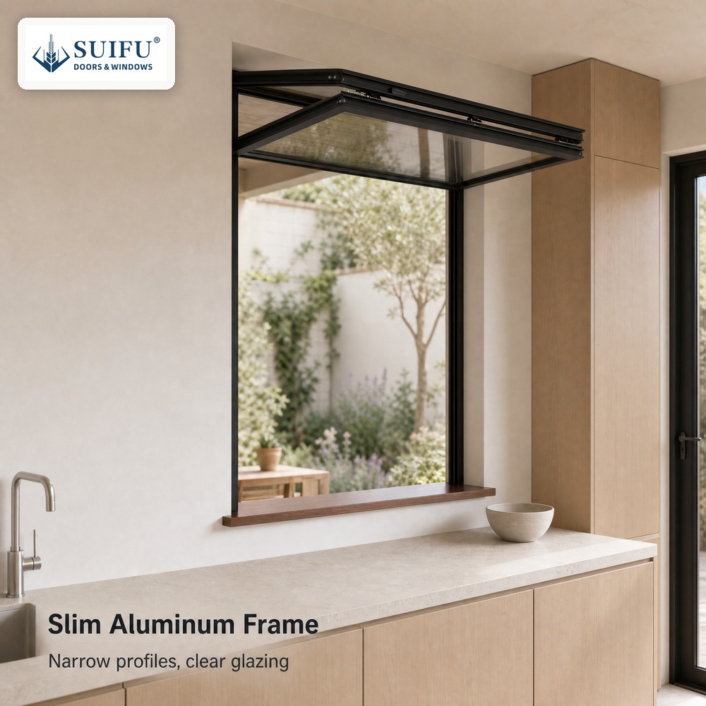 Gas Strut Kitchen Servery Awning Window Foldable Pass Through Aluminum Window For Cafe &amp; Commercial Use