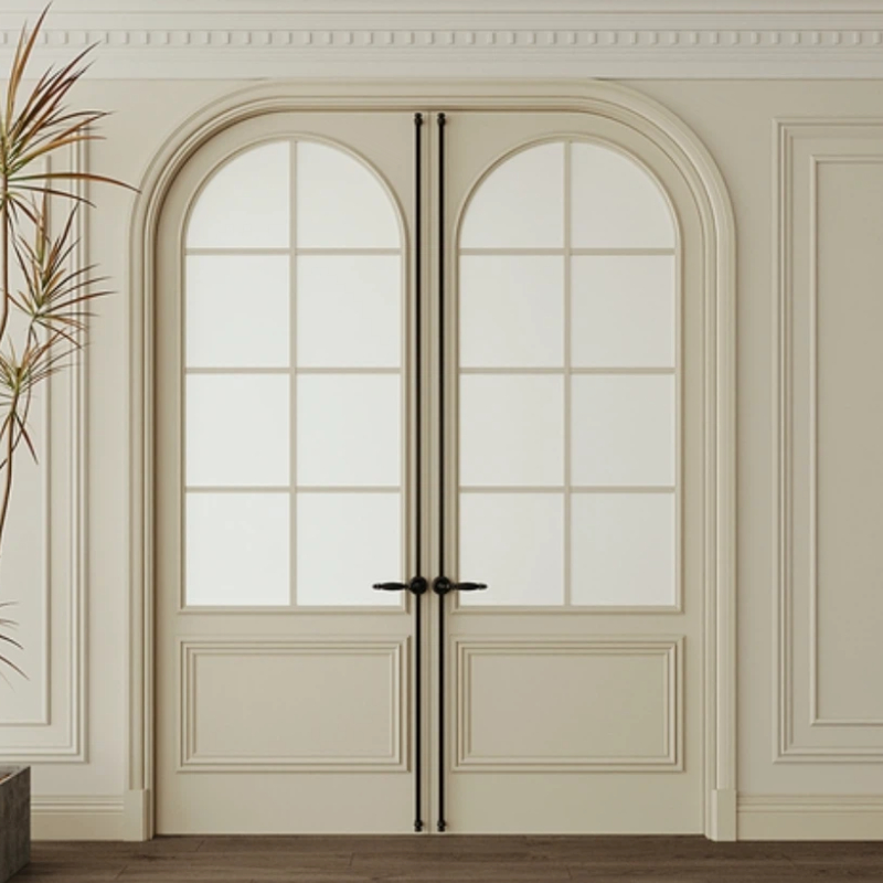 ALUFRONT Insulated Arched Antique Heritage Black Aluminium French Front Doors with Grid Strip Glass for Outdoor Entry