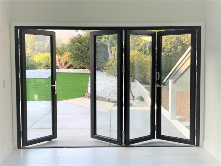 Modern Aluminum Sliding Bifold Doors Double Glazing Tempered Glass Germany Kerssenberg Hardware Black Finish 5 Year Courtyard