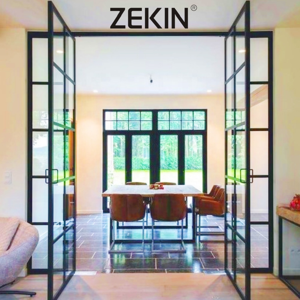 Zekin Black Grill Entrance Swing Doors French Door Aluminum Tempered Glass Casement Entry Door for Interior