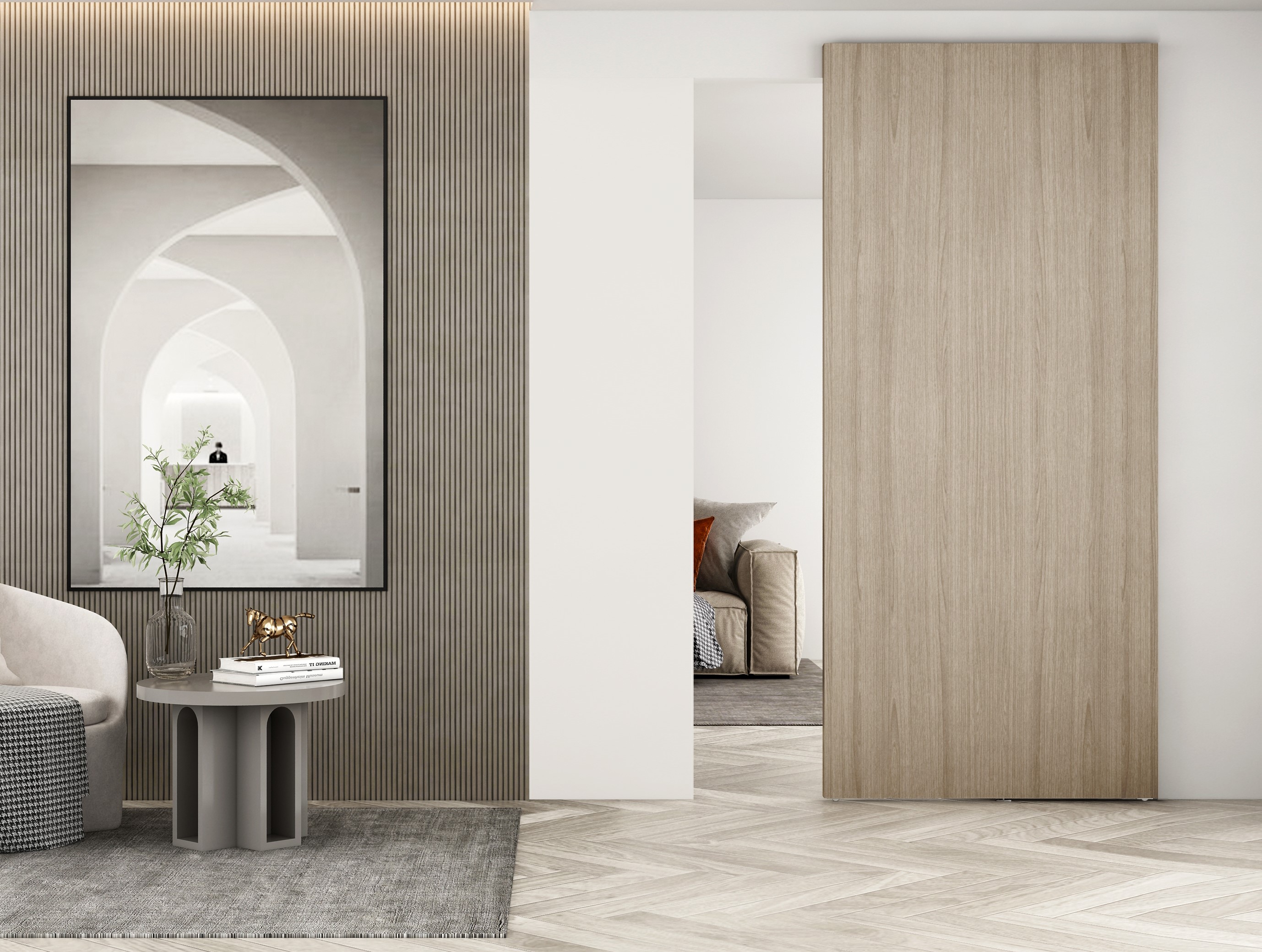 Modern Interior Door Invisible Installation Finished Aluminum Profile Hydraulic Wooden Sliding Door System