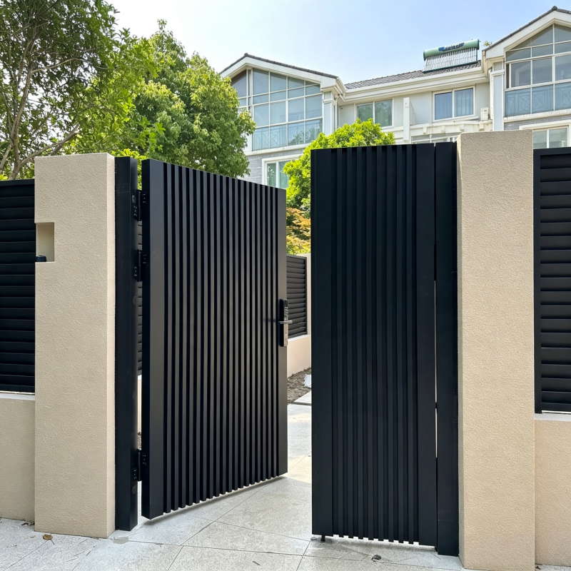Powder Coated Aluminum Gate Vertical Slat Panel With Pull Handle For Modern Residential House Front Entrance Door Rust Proof