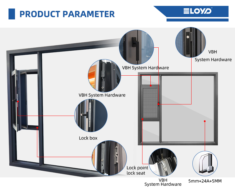 Eloyd Double Glazed Aluminum Tilt and Turn Window with Folding and Germany Hardware 10 Years Warranty Exterior