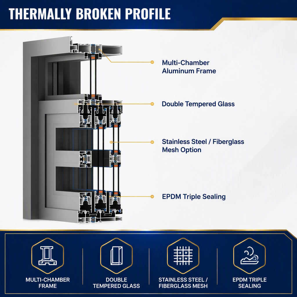 Thermally Broken Vertical Single-hung Windows Modern Grill Heat Insulation Double-hung Windows for Houses