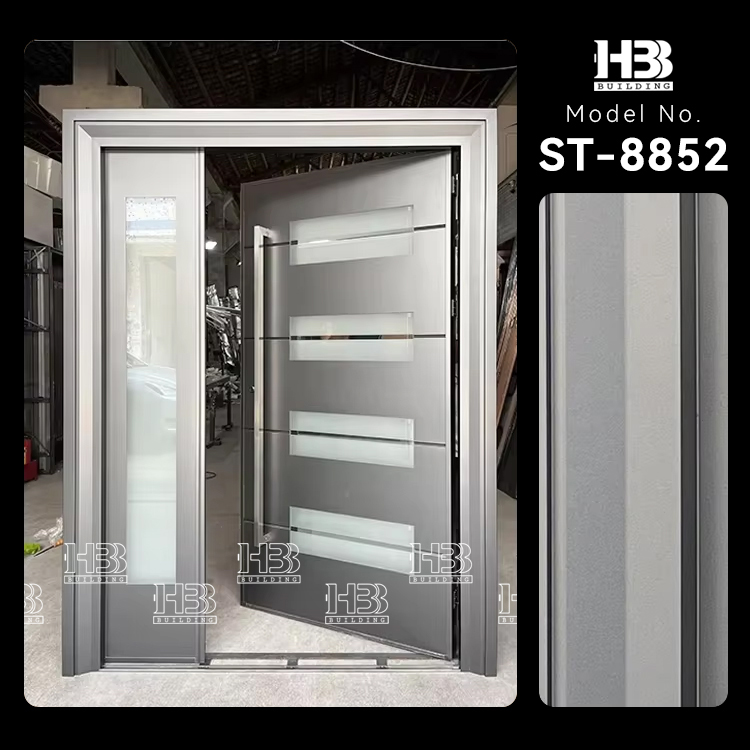 Modern Grey Design Prehung Aluminum Front Doors Waterproof Glass Inserted Metal For Villa Exterior Applications