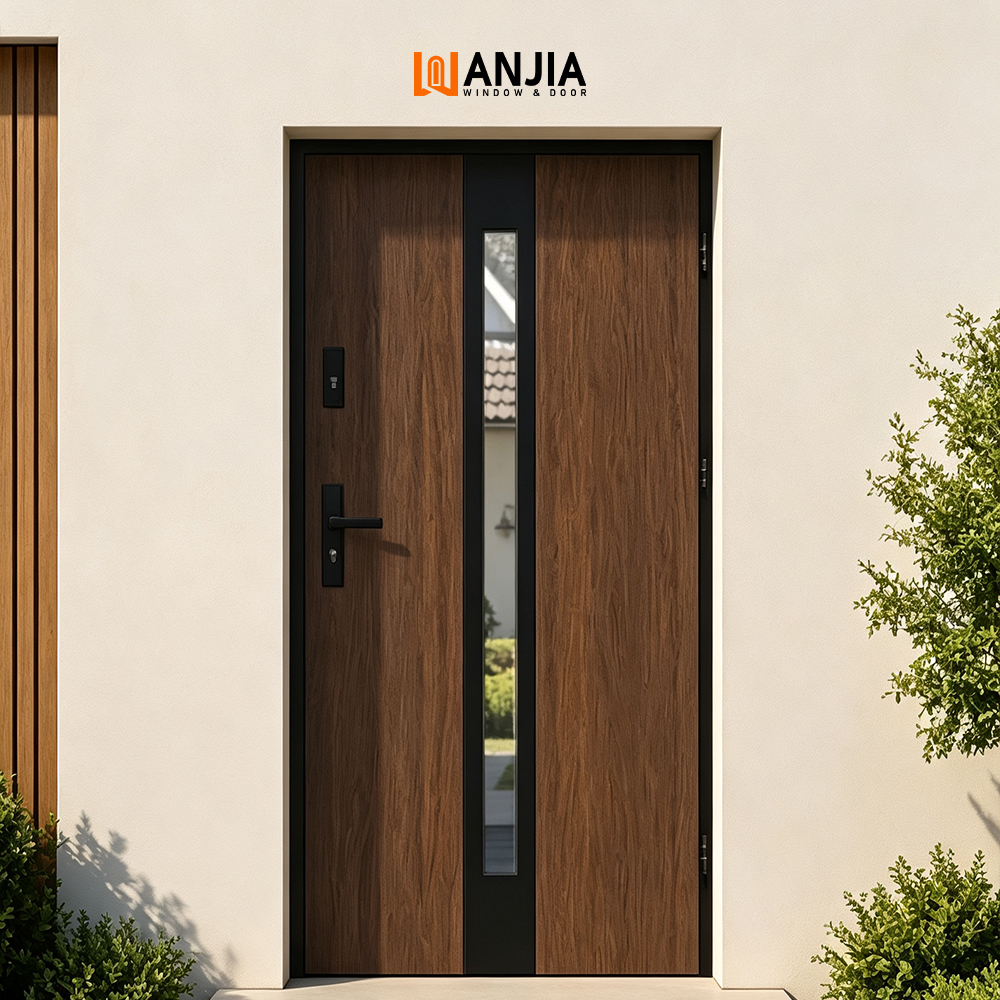 Precision Manufacturing Wood Grain Finish Aluminum Door Glass Inserted Design Front Entry Door Exterior Pivot Door