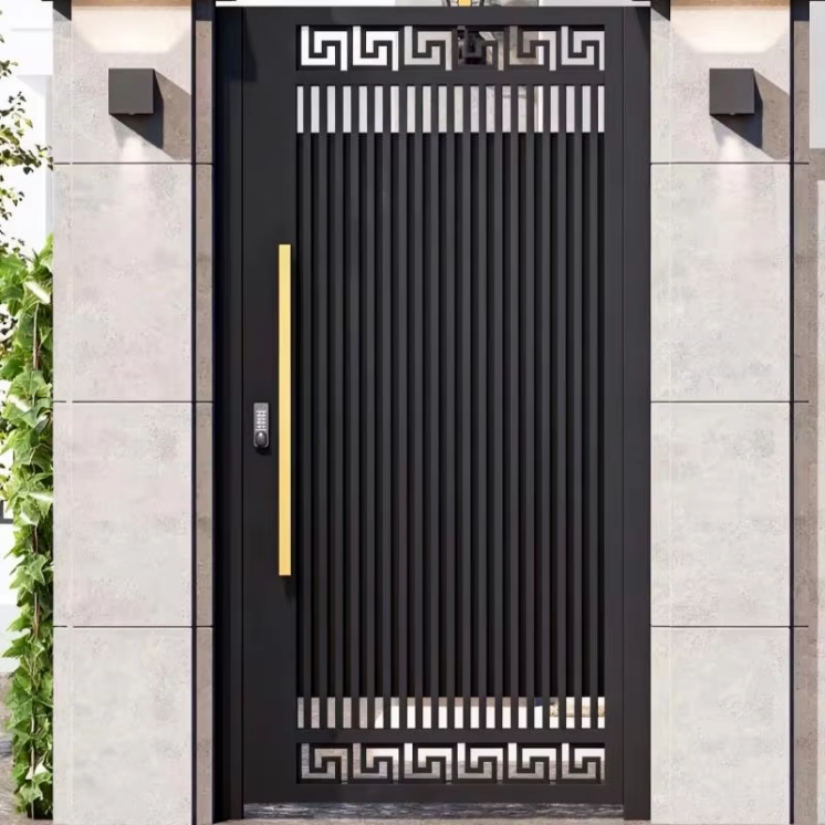 Powder Coated Aluminum Gate Vertical Slat Panel with Pull Handle for Modern Residential House Front Entrance Door Rust Proof