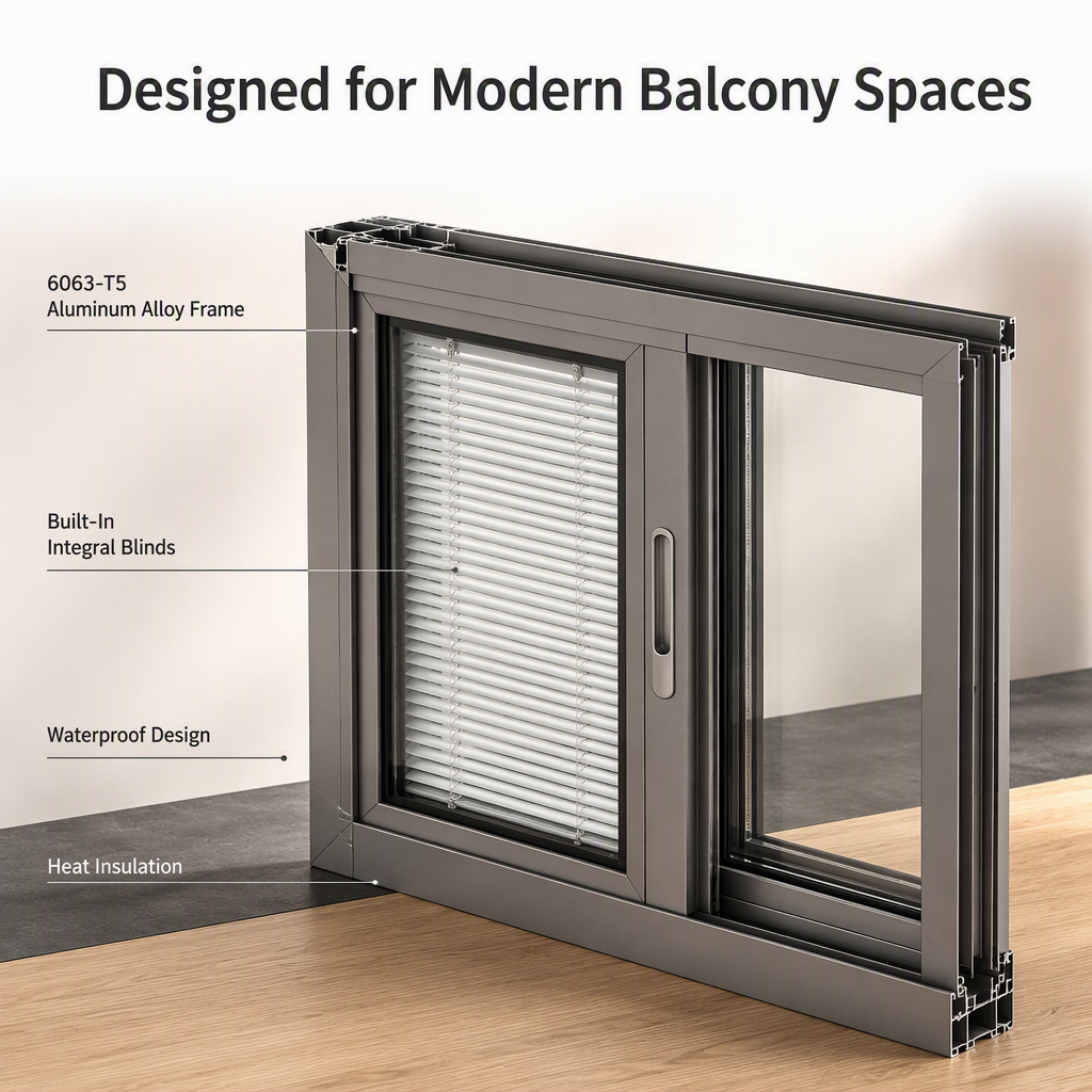 Gray Aluminum Sliding Window with Built-In Integral Blinds & Waterproof Modern House Balcony Living Room Design