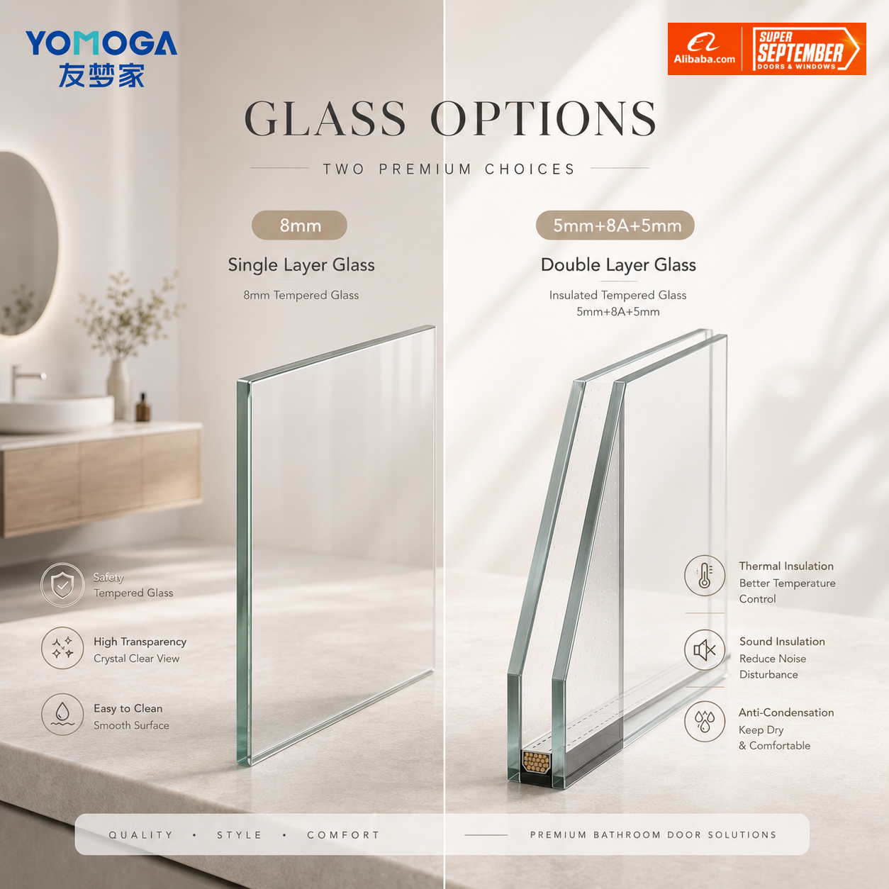 Frosted Glass Bathroom Door Slim Aluminum Frame Interior Door with Sound Insulation