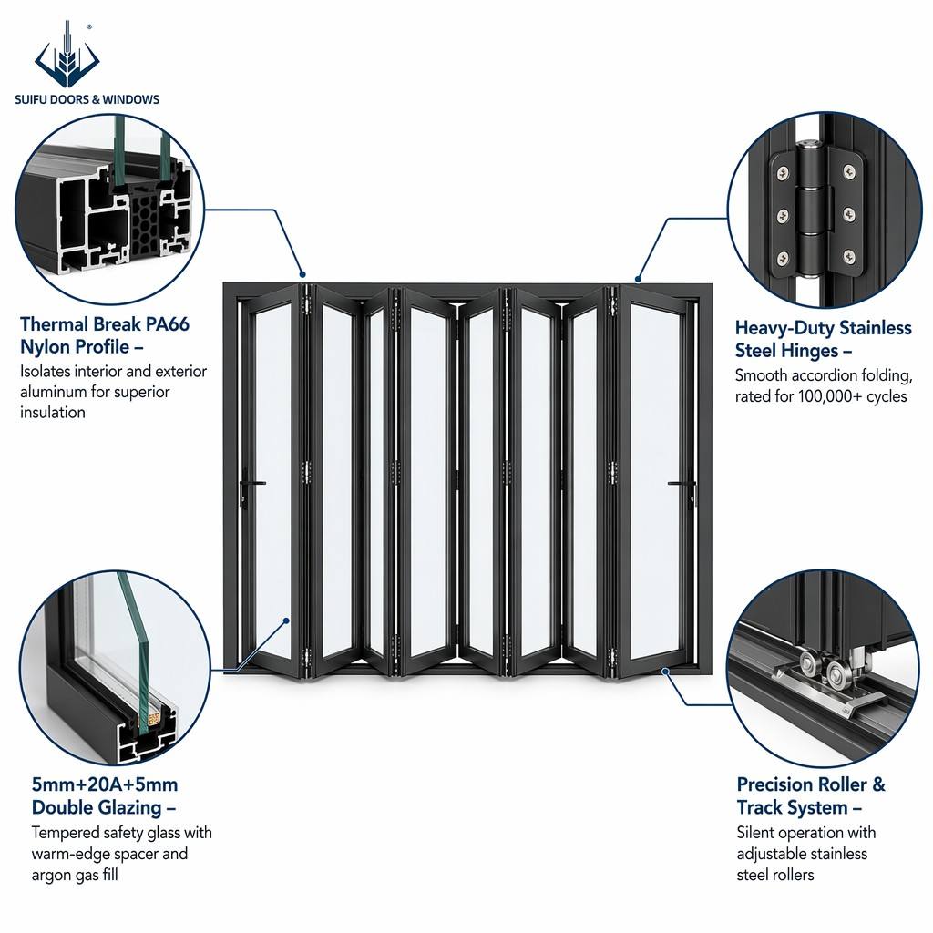 Standard 2047 Certified European Sliding Bi-Folding Accordion Doors Foldable Opening Double Glazing Glass Finished Modern Design