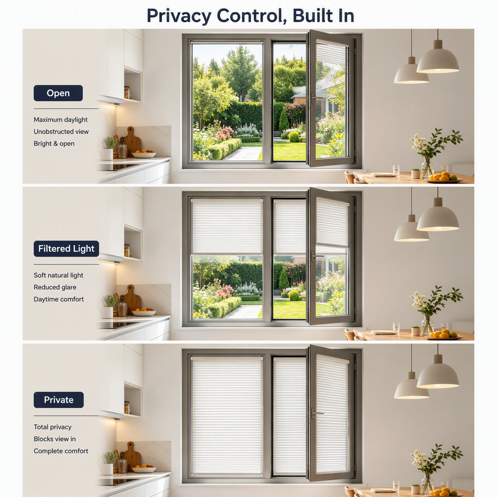 Gray Aluminum Sliding Window with Built-In Integral Blinds & Waterproof Modern House Balcony Living Room Design