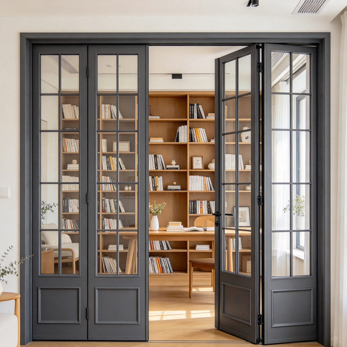 Thermal Break Soundproof French Grille Aluminum Frame Glass Folding Door For Villa Patio