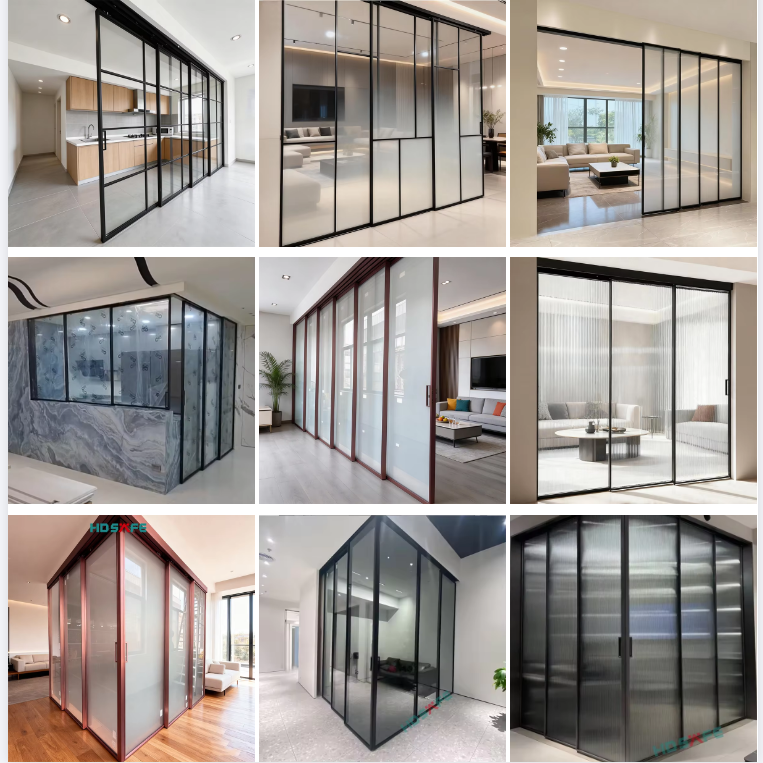 HDSAFE Telescopic Aluminum Sliding Door Hardware Set Slim Frame Living Room Office Partition Soft Close Fluted Glass Door System