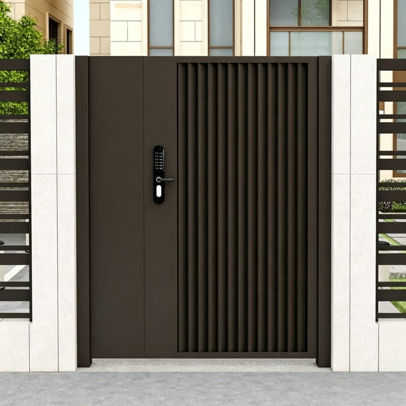 Powder Coated Aluminum Gate Vertical Slat Panel With Pull Handle For Modern Residential House Front Entrance Door Rust Proof