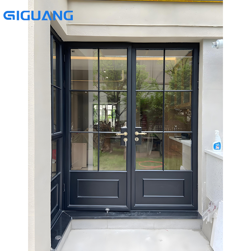 QGUANG NFRC Factory Wholesale Exterior Entry Crittal Door Design Tempered Glass Aluminum French Double Glass Swing Casement Door