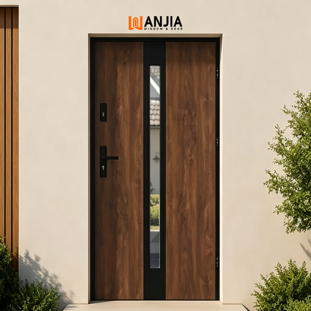 Precision Manufacturing Wood Grain Finish Aluminum Door Glass Inserted Design Front Entry Door Exterior Pivot Door