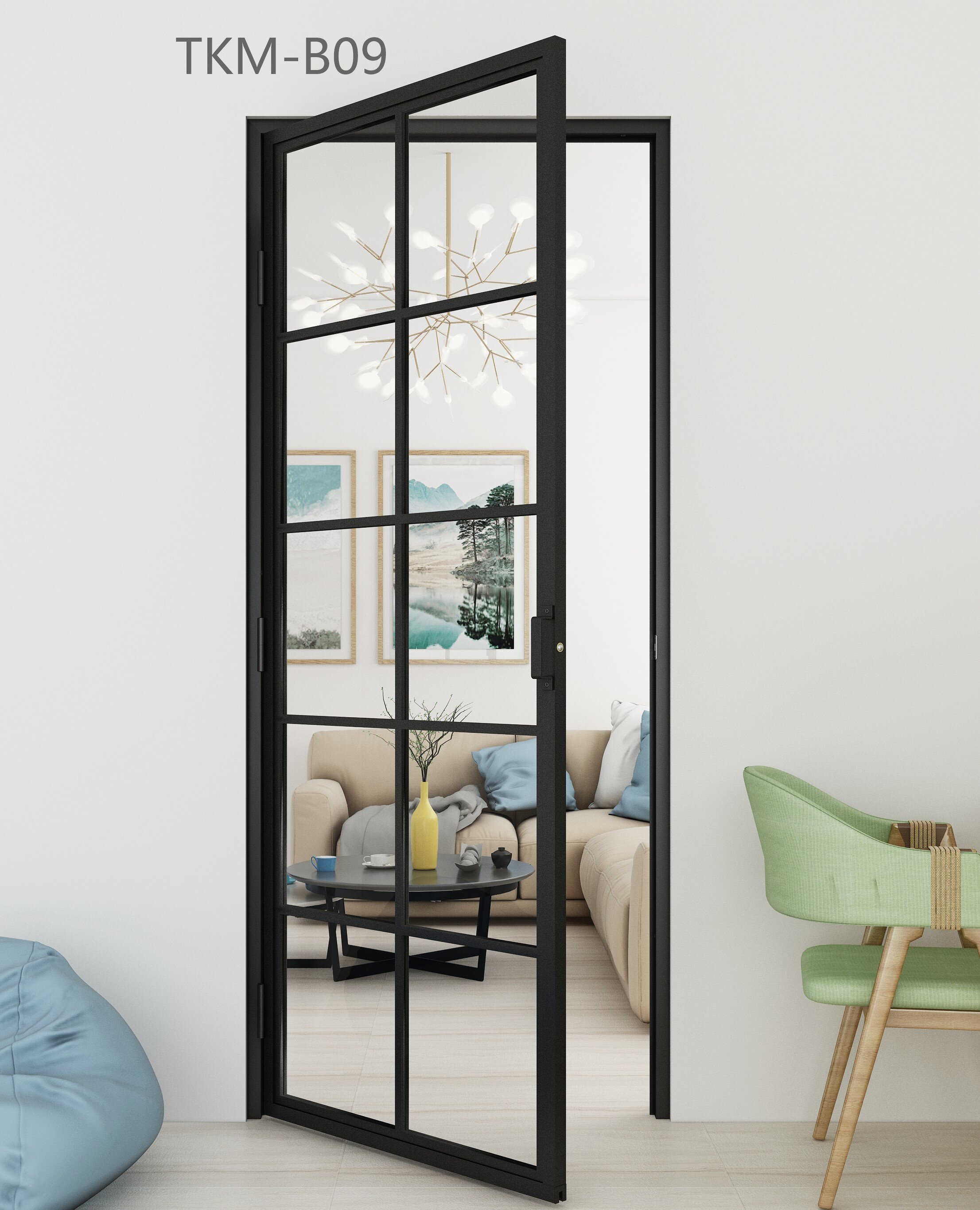 Interior French Loft Style Hinged Glass Door Swing Black Steel Frame Glass Barn Door