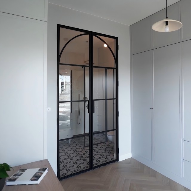 Interior Modern Matte Black Steel Frame Finished Double Glazed French Glass Doors With Thermal Insulation