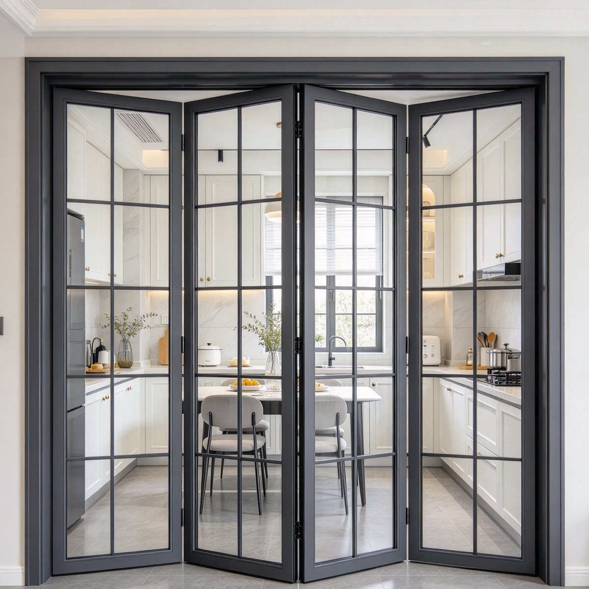 Thermal Break Soundproof French Grille Aluminum Frame Glass Folding Door For Villa Patio