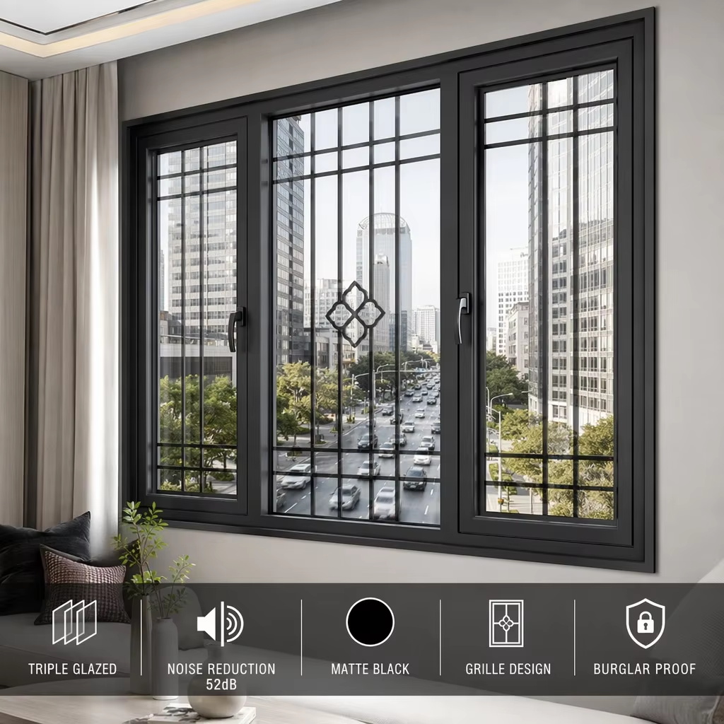 Modern Aluminum Casement Window Built-In Flyscreen Mesh Triple Glazed Swing Outward Anti-Insect Ventilation Soundproof Window