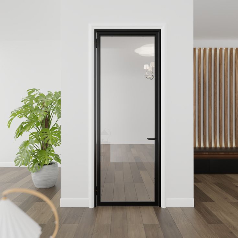 Minimal Frame Hinged Door Aluminum Glass Swing Door Soft Close Tempered Door for Office Bathroom Interior Projects