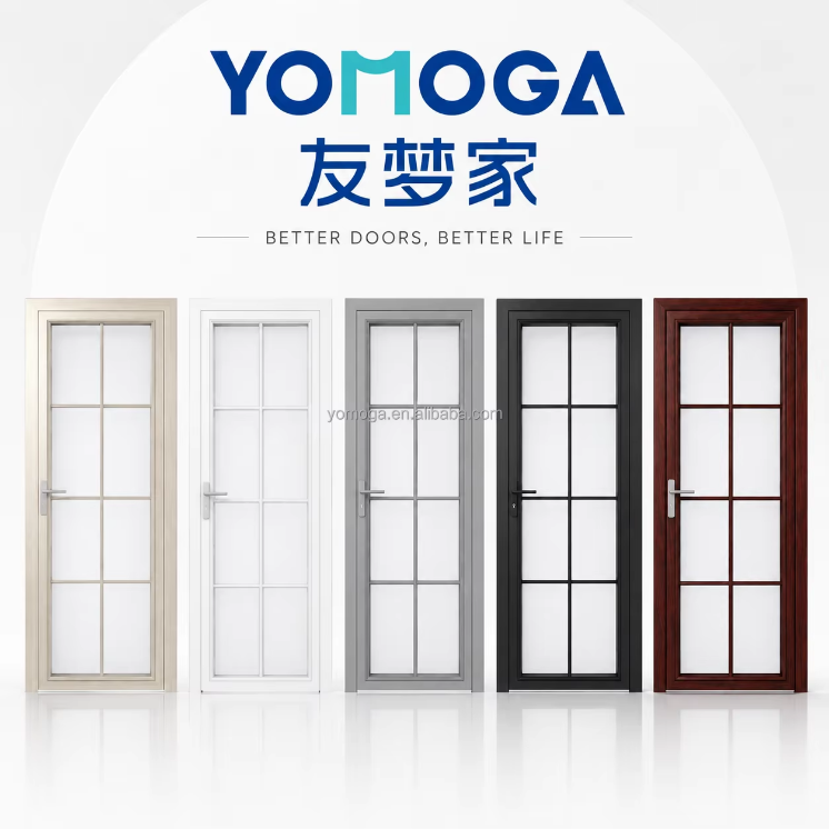 Frosted Glass Bathroom Door Slim Aluminum Frame Interior Door with Sound Insulation