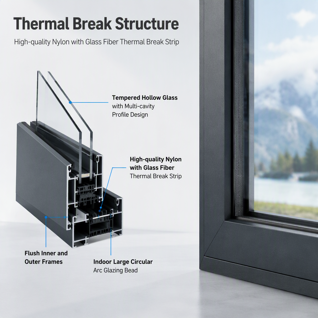 Thermal Break Casement Window with Screen Tempered Hollow Glass Aluminum Frame Flush Inner Outer Frame