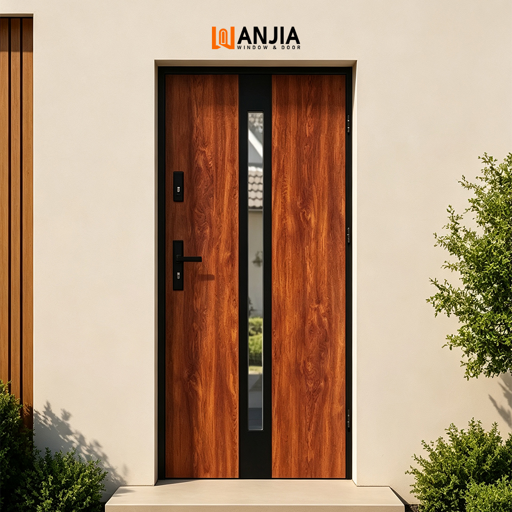 Precision Manufacturing Wood Grain Finish Aluminum Door Glass Inserted Design Front Entry Door Exterior Pivot Door