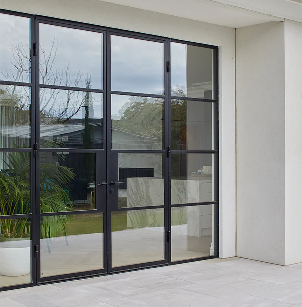 Interior Modern Matte Black Steel Frame Finished Double Glazed French Glass Doors With Thermal Insulation