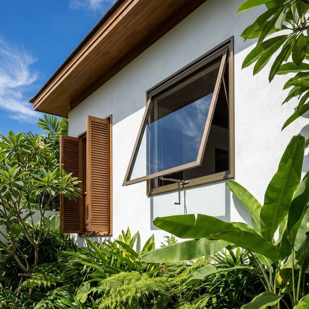 Modern Aluminum Louver Awning Window Vertical Swing Top Hung Ventilation Double Glazed Glass Waterproof Exterior Basement